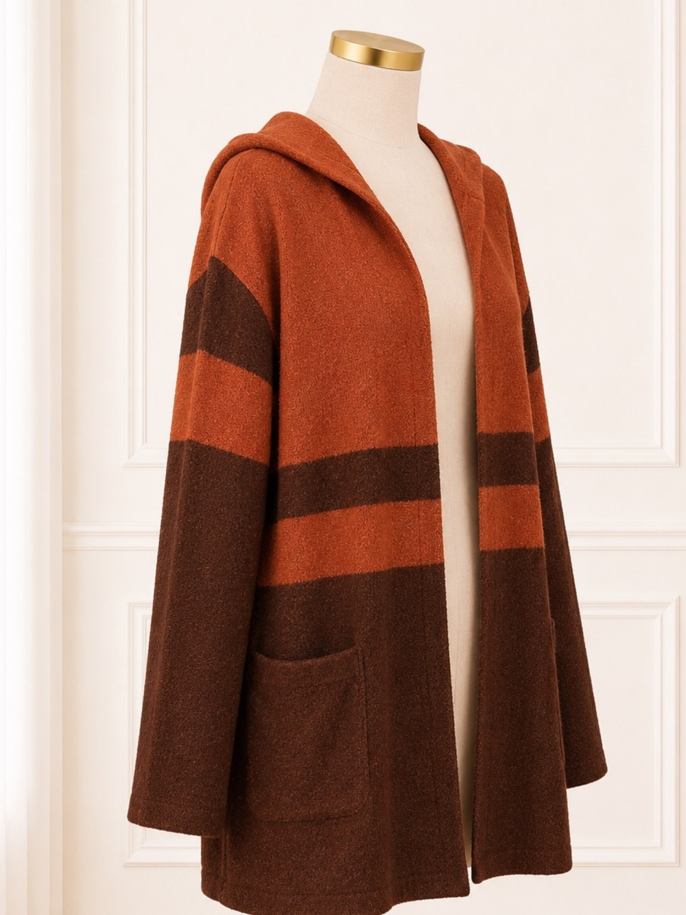 NEW Umgee Hooded Colorblock Cardigan Rust Brown Open Front Sweater Sz L - Picture 2 of 3